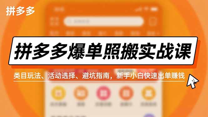 拼多多爆单照搬实战课，类目玩法、活动选择、避坑指南，新手小白快速出单赚钱