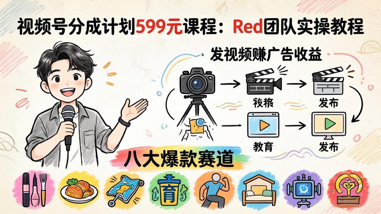 视频号分成计划599元课程：Red团队实操教程，发视频赚广告收益，八大爆款赛道全掌握