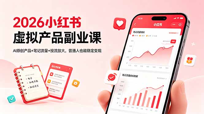 2026小红书虚拟产品副业课,AI原创产品+笔记流量+投流放大,普通人也能稳定变现