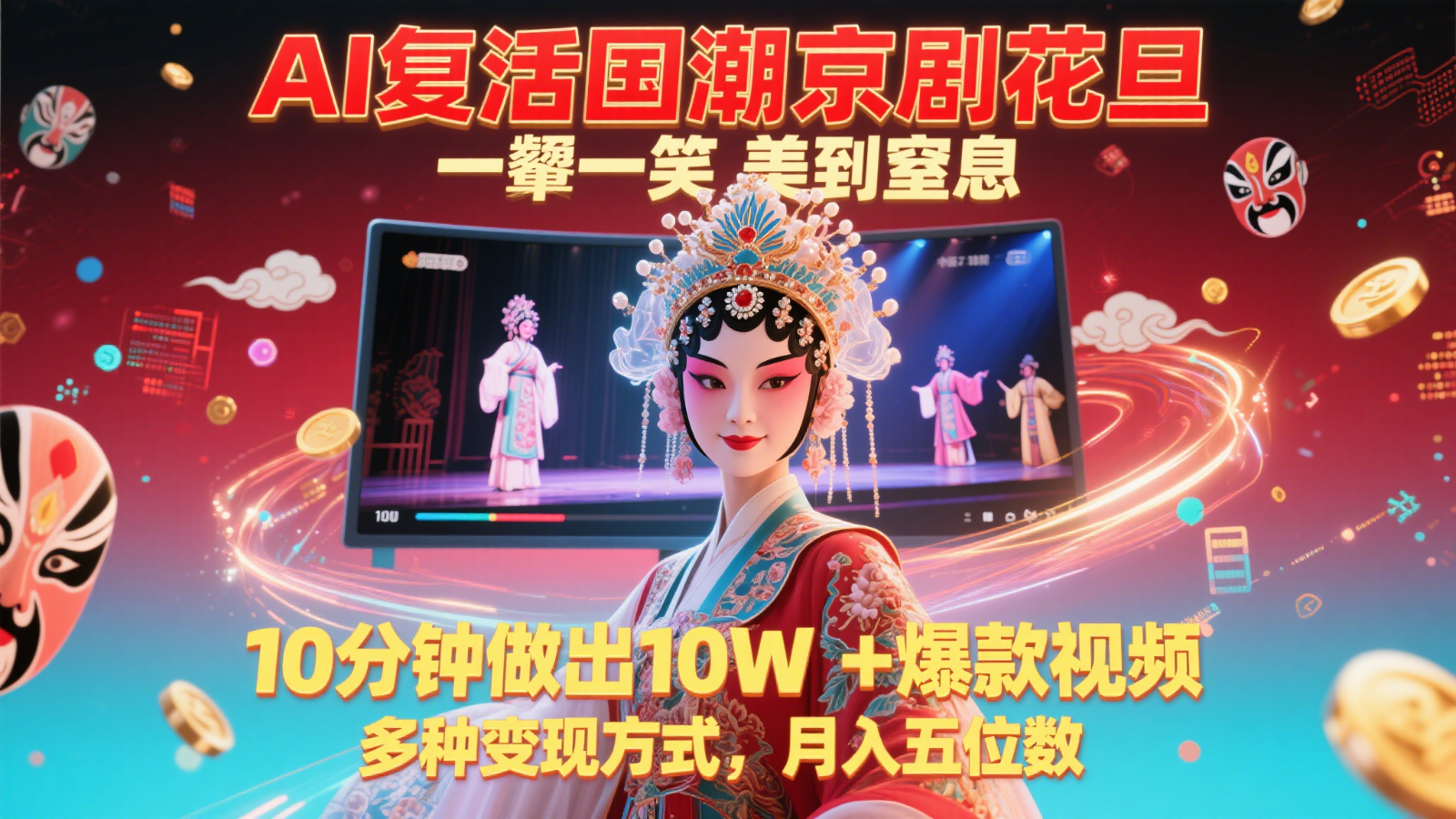 AI复活国潮京剧花旦，一颦一笑美到窒息，10分钟做出10W+爆款视频，多种变现方式，…