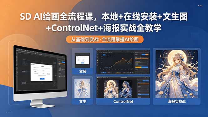SD AI绘画全流程课,本地+在线安装+文生图+ControlNet+海报实战全教学