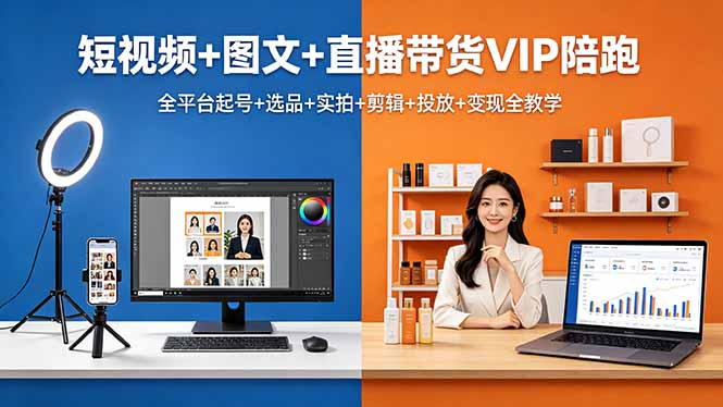 短视频+图文+直播带货VIP陪跑,全平台起号+选品+实拍+剪辑+投放+变现全教学